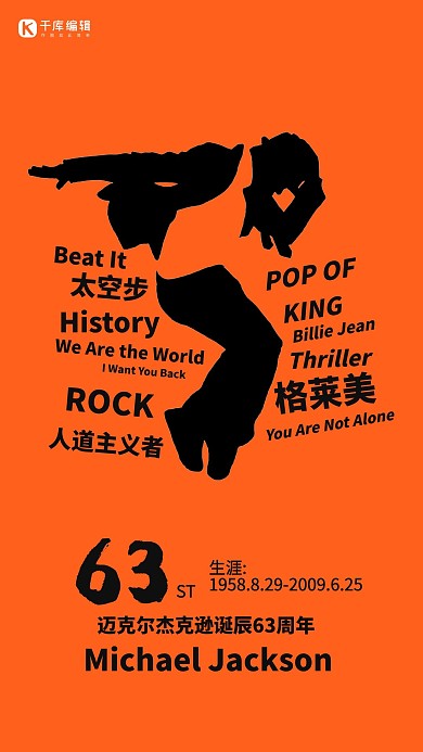 迈克尔杰克逊橙色系63周年诞辰海报