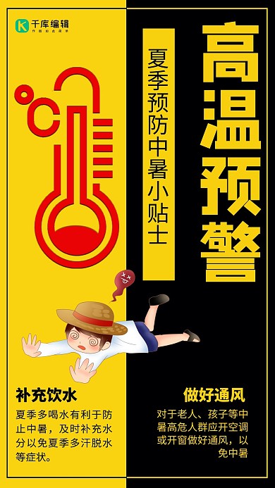 高温预警温度计黄色简约手机海报