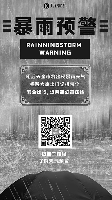 暴雨预警暴雨黑色简约手机海报