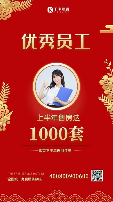 优秀员工喜报红色大气海报