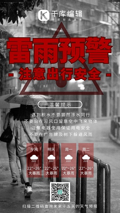 雷雨预警暴雨来袭黑白红摄影图手机海报