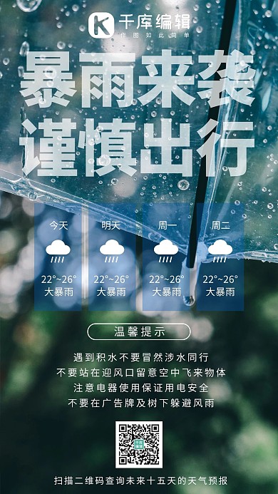 暴雨预警雨伞天气预报蓝绿色摄影图手机海报