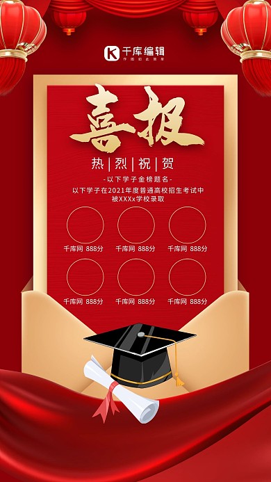 喜报博士帽红色创意海报