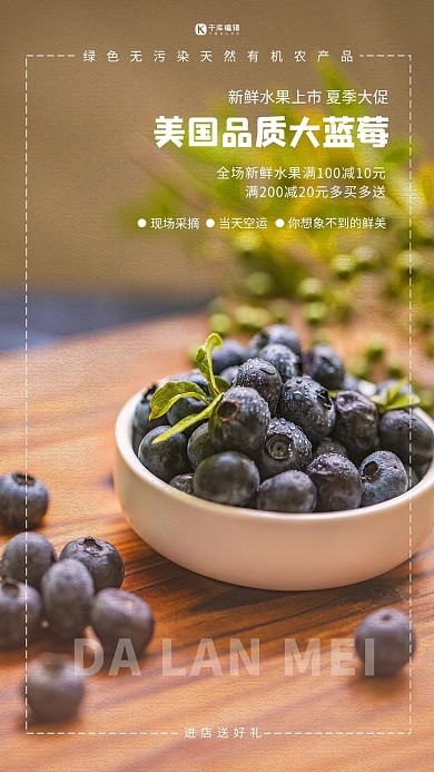 水果促销蓝莓黄色简约海报