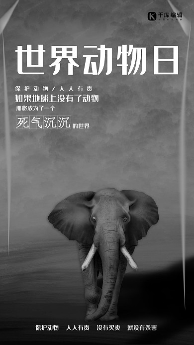 世界动物日黑白灰色系保护动物停止杀戮凝重庄严海报