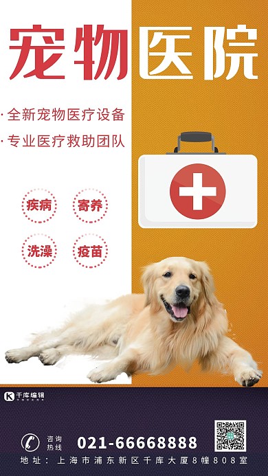 宠物医院宠物狗狗大金毛棕色简约海报