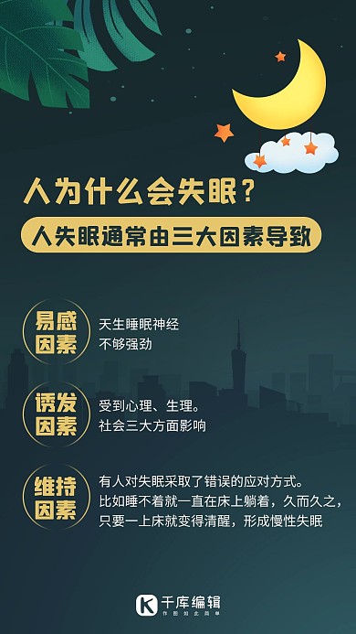 失眠因素失眠症状彩色卡通手机海报