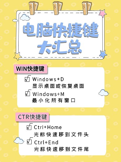 电脑快捷键汇总卡通云朵星星黄色简约清新小红书