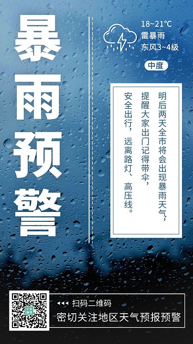 暴雨预警雷雨彩色简约手机海报