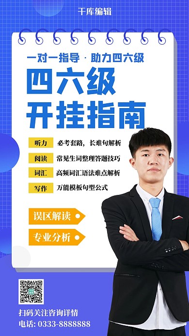 四六级课程四六级蓝色扁平手机海报