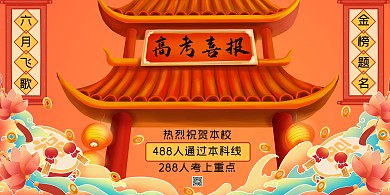 喜报高考喜报红黄色国潮展板