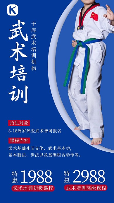 武术培训跆拳道蓝色简约海报