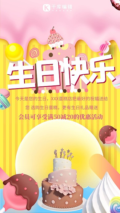 生日快乐蛋糕黄色创意海报