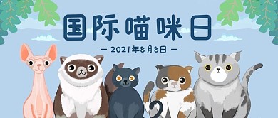 国际喵咪日猫灰蓝色绿色卡通公众号首图