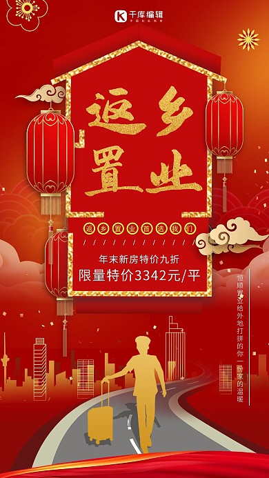 新年返乡置业红色房地产促销海报