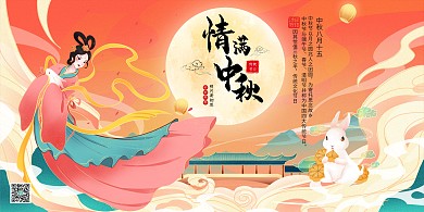 情满中秋中秋节红色国潮风展板