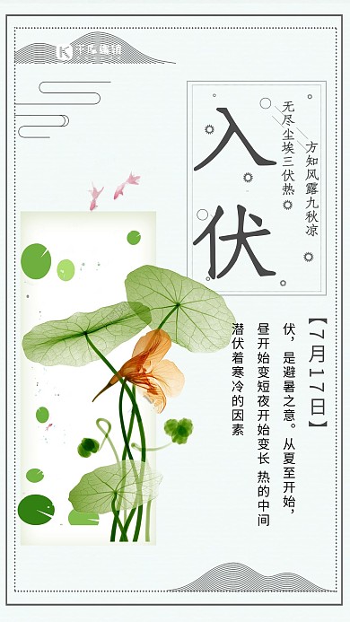 简约大气荷塘入伏宣传海报