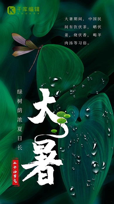 绿色清新植物蜻蜓大暑手机海报