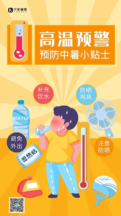 高温预警卡通人物黄色简约海报