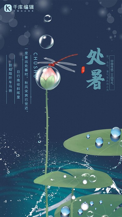 简约复古水珠中的莲花蜻蜓处暑节