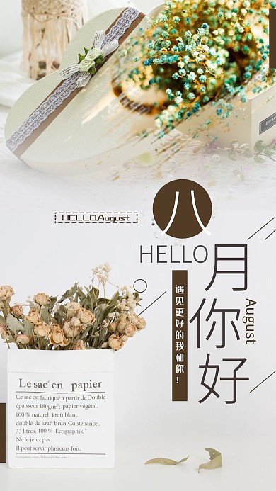 你好八月褐色文艺月份宣传海报