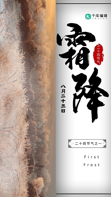 霜降黑色拼接节气宣传手机海报