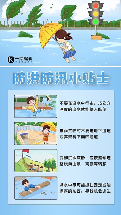 防洪防汛小贴士人物蓝色渐变卡通手机海报