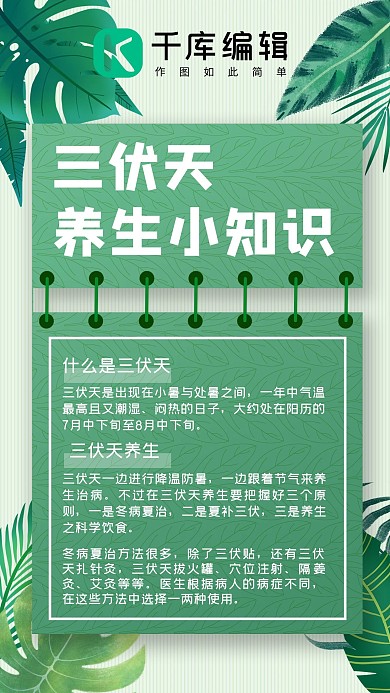 三伏天养生小知识叶子绿色简约清新手机海报