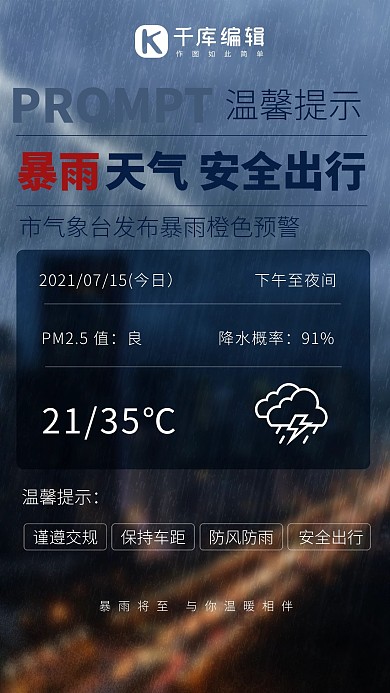 温馨提示暴雨天气下雨的城市蓝色简约海报