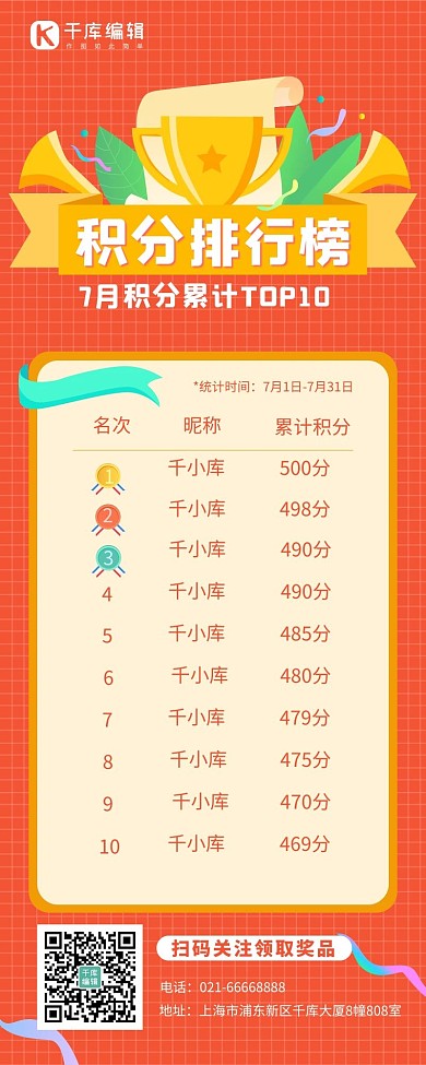积分排行榜奖杯扁平卡通营销长图