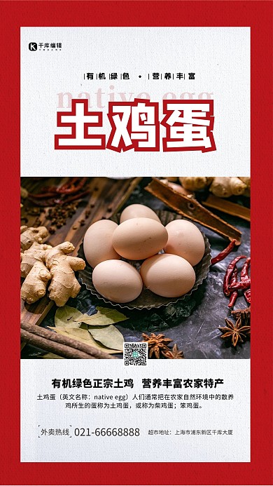 土特产土鸡蛋红色简约海报