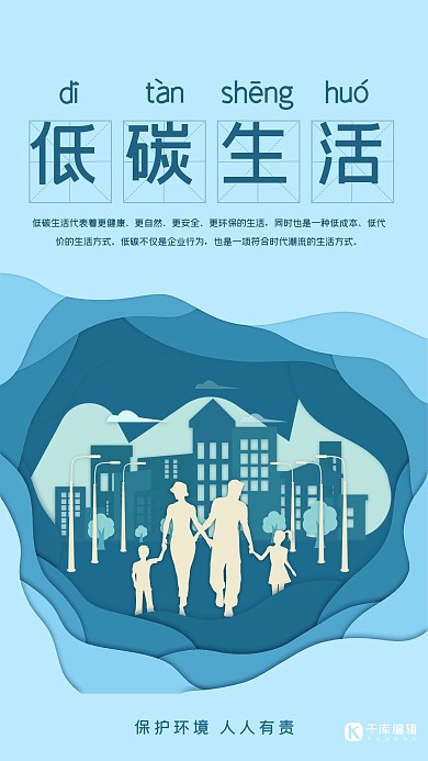 低碳生活蓝色剪纸风环保环境海报