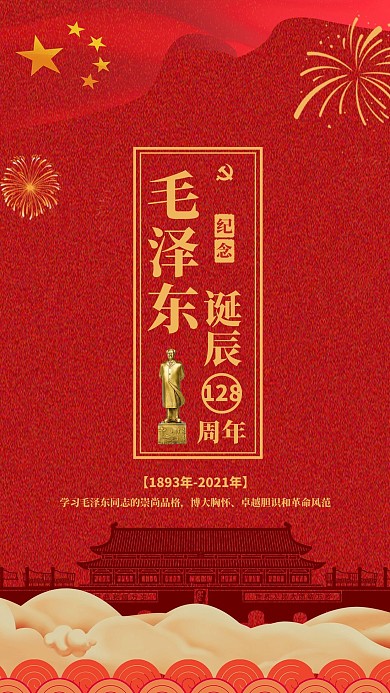 红金毛泽东诞辰128周年纪念日海报