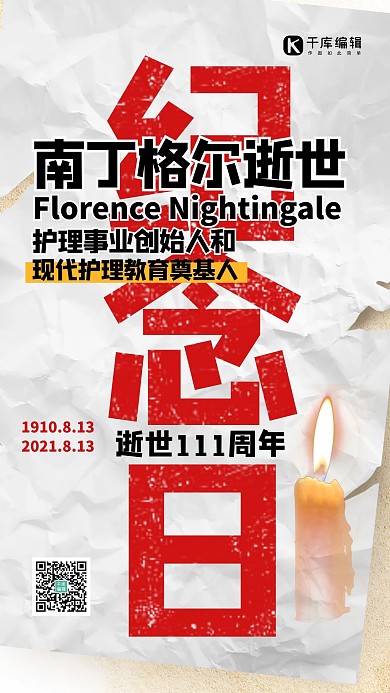 南丁格尔逝世纪念蜡烛白色简约海报