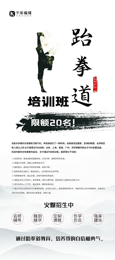 招生跆拳道招生黑白中国风展架