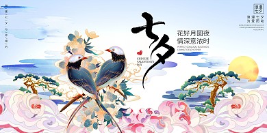 七夕情人节蓝色国潮展板