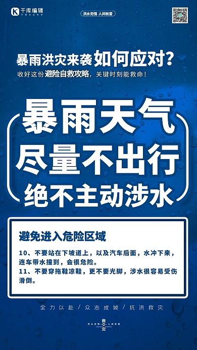 抗洪抢险自救指南暴雨天气蓝色简约海报