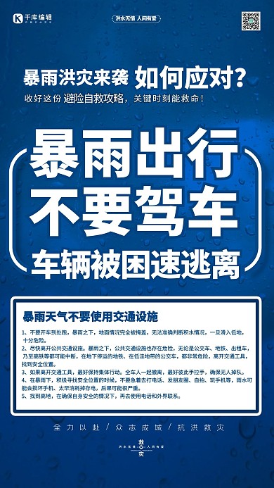 抗洪抢险自救指南暴雨出行蓝色简约海报