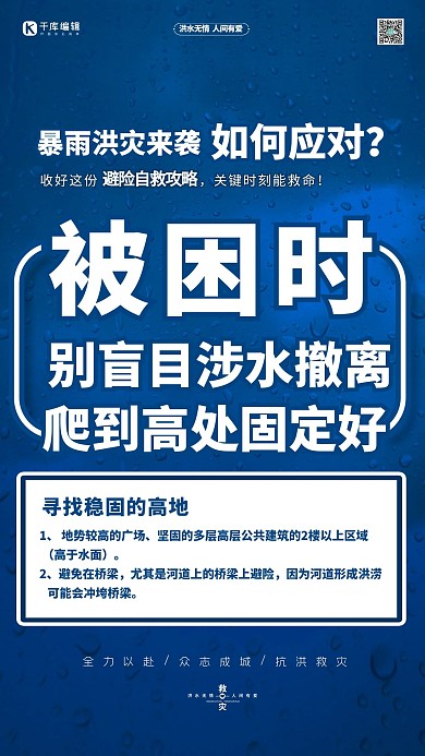 抗洪抢险自救指南蓝色简约公益海报