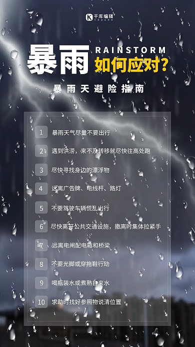 暴雨洪水注意事项黑色简约海报