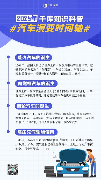 汽车演变时间轴蓝色扁平海报