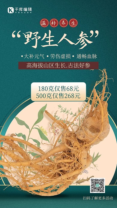 滋补养生营销人参绿色中式海报