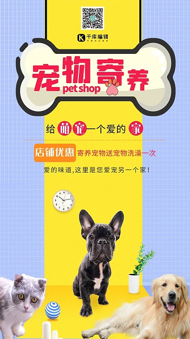 宠物寄养 萌宠猫狗拼色创意格子海报