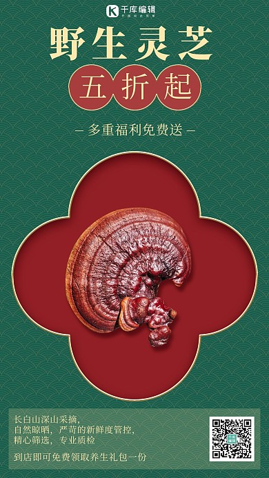 滋补养生灵芝红绿中国风手机海报