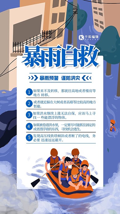 暴雨自救蓝色简洁海报