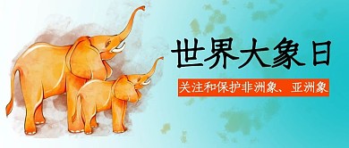 世界大象日水彩大象橙色蓝色简约公众号首图