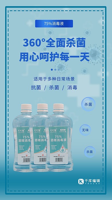 360度全面杀菌75酒精消毒液蓝色简约风海报