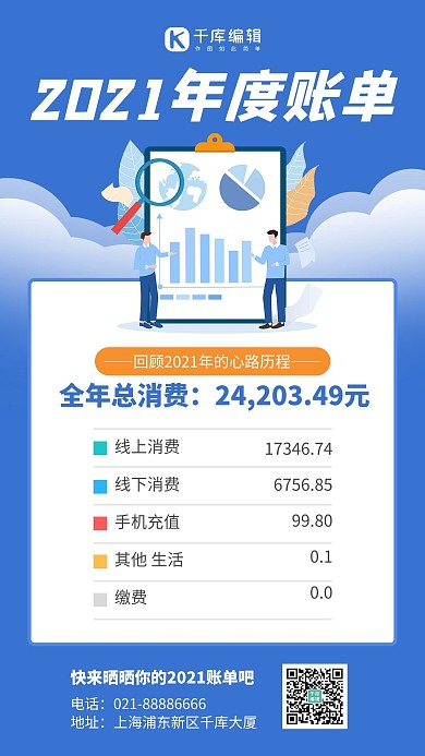 2021年度账单扁平人物蓝色扁平风手机海报