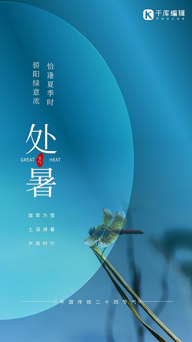 处暑蜻蜓蓝色简约大气海报