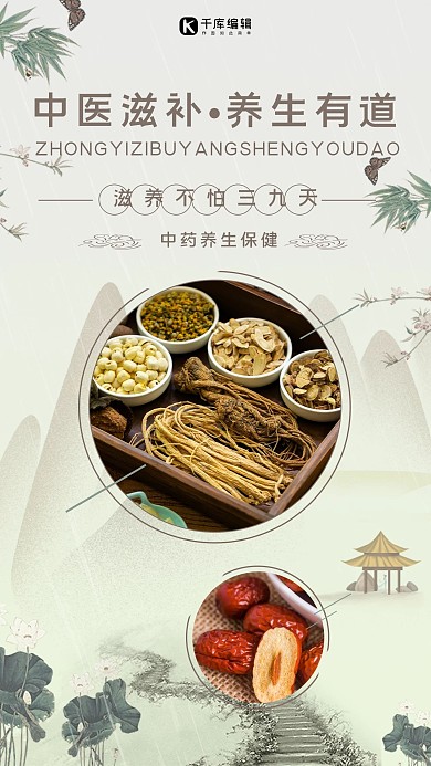 中医滋补药材养生绿色中国风手机海报